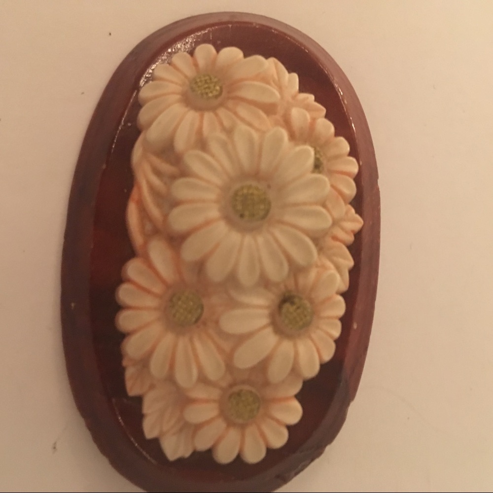 Vintage brooch carved wood